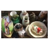 HAND PAINTED DISHES, PIGGY BANK, CHINA VASES, WIND