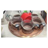 GROUP OF COPPER & GLASS CUPS & COPPER TRAY