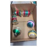 VINTAGE SHINY BRITE BELLS, SPINNING TOP & PREMIER
