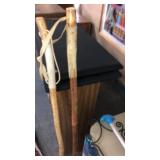 2 WALKING STICKS, PADDLE & METAL RACK