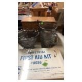 METAL BOX W/ GLASSWARE & WICKER BOX