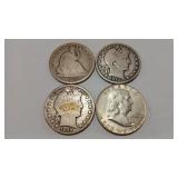 4 - SEATED LIBERTY BARBER & FRANKLIN HALVES 90%