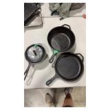 2 CAST IRON SKILLETS AND POT