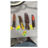 4 ASSORTED FIXED BLADE KNIVES W/ LEATHER SHEATHS
