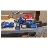 KOBALT 40V CHAINSAW, TRIMMER, POLE SAW AND 2 BATTE