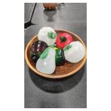 MCM GLASS FRUITS & VEGETABLES W/ WOOD BOWL