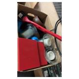GROUP OF CANDLES, RED METAL STORAGE BOX