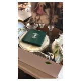 BX W/ ANTIQUE OIL LAMP, PLATES, CRYSTAL CANDLE