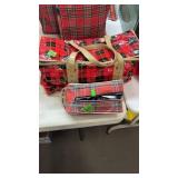 TRAVELING COFFEE POT IN PLAID BAG & PLAID COOLER