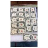 10 JEFFERSON RED LABEL TWO DOLLAR BILLS