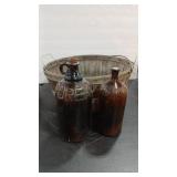 CLOROX & PUREX BROWN GLASS BOTTLES W/ VTG BASKET