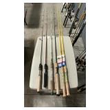 6 ASSORTED FISHING POLES INC. APOGEE, EAGLE CLAW,
