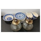 BLUE WILLOW ASSORTMENT & 2 LAMP BASES