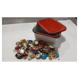 JEWELRY & VTG BUTTONS W/ ENAMEL FRIDGE DISH