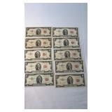 TEN (10) TWO DOLLAR RED LABEL BILLS