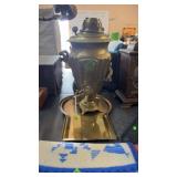ANTIQUE BRASS RUSSIAN TEA KETTLE W/ TRAY, 1800'S