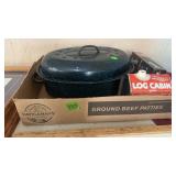 SMALL ROASTER, LOG CABIN SYRUP CAN & CANDLES