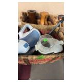 2 BASKETS W/ BLACK & DECKER HAND VAC, WOOD VASES