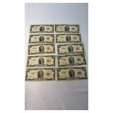 TEN (10)TWO DOLLAR RED LABEL BILLS