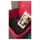 RED TOTE W/ CHRISTMAS DECOR ITEMS, LIGHTS,