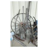 ANTIQUE METAL WHEEL, SLED AND ASSORTED TOOLS