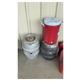 2 METAL KEGS AND RUBBERMAID DRINK DISPENSER