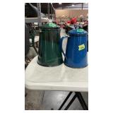TWO ENAMELWARE CAMP COFFEPOTS