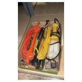 ASSORTED EXTENSION CORDS, LIGHT, HATCHET AND WREN