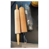 2 WOOD ROLLING PINS & A GLASS ROLLING PIN