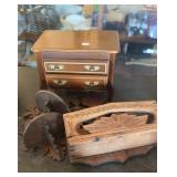 MUSICAL JEWELRY BOX, CARVED WOOD WALL POCKET & 2