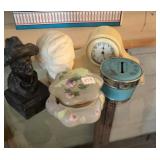 CLOCK, FIGURINES, HAND PAINTED TRINKET JAR &