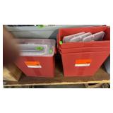 4 RED HAZARDOUS WASTER BASKETS, SAFETY GLASSES