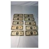 10 JEFFERSON TWO DOLLAR RED LABEL BILLS