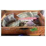 CARVED WOOD DRESSER BOX W/ MONEY, COINS, WATCHES