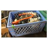 BLUE CRATE W/ WIRE, MULTI PLUG & MISC