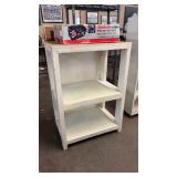 WHITE WOOD SHELF & BX W/ PULLEYS & MISC