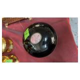 BLACK COVERED DISH, SIGNED ON BOTTOM W/ INLAID