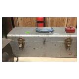 GRAY METAL TOOL BOX W/ MISC OLD TOOLS