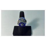 BLUE ART GLASS MOSAIC BEAD & CRYSTAL RING