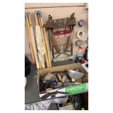 FOLDING CAMP COT, BACKPACK FRAME & BOX OF TOOLS
