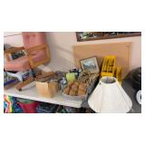 OFFICE CHAIR, ROPE, LAMP SHADES, CORK BOARD