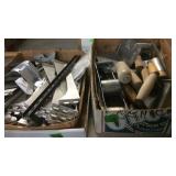 SHELF BRACKETS & BOX OF MASONRY TOOLS