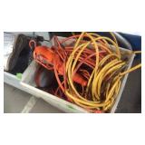 BASKET OF EXTENSION CORDS & TROUBLE LIGHT
