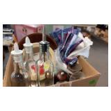 BX OF MISC KITCHEN ITEMS-VINEGAR BOTTLES, LINEN