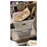 BUCKET W/ HAMMER, HAND DRILL, TOOL ROLL BAG & MISC