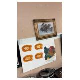 CHICKEN PAINTING & FRAMED HORSES PAINTING