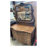 TIGER OAK BOW FRONT DRESSER/MIRROR W/ BRASS