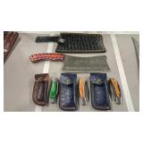 DAMASCUS CLEAVER AND 3 FOLDING KNIVES W/ SHEATHS
