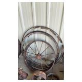 VINTAGE IMPLIMENT WHEEL AND 2 WOOD/METAL WHEEL FRA