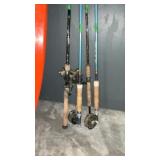 4 ASSORTED FISHING POLES W/ REELS